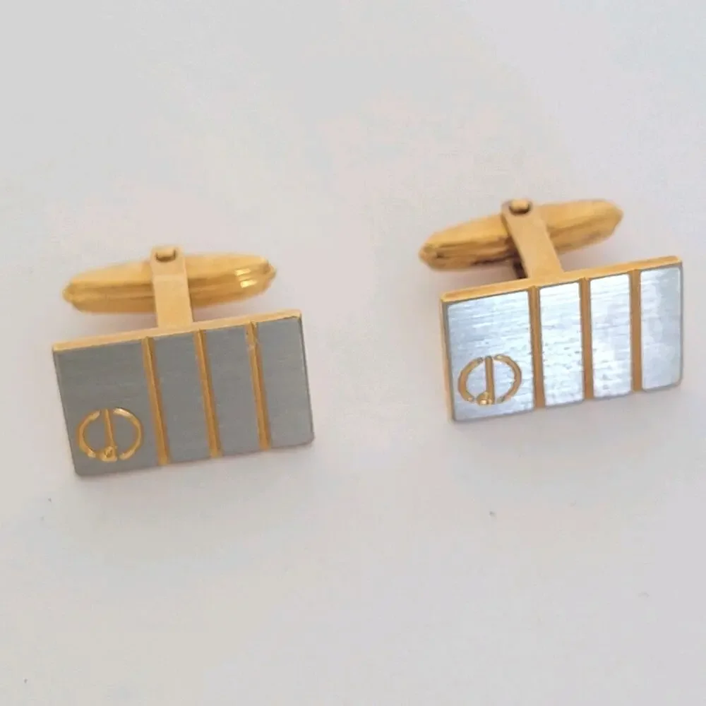 Dunhill D Cufflinks Silver Gold Tone Logo Rectangle Logo Retro Stripped Designer